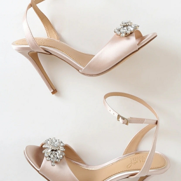 Champagne Satin Rhinestone Ankle Strap Heels - Picture 2 of 9